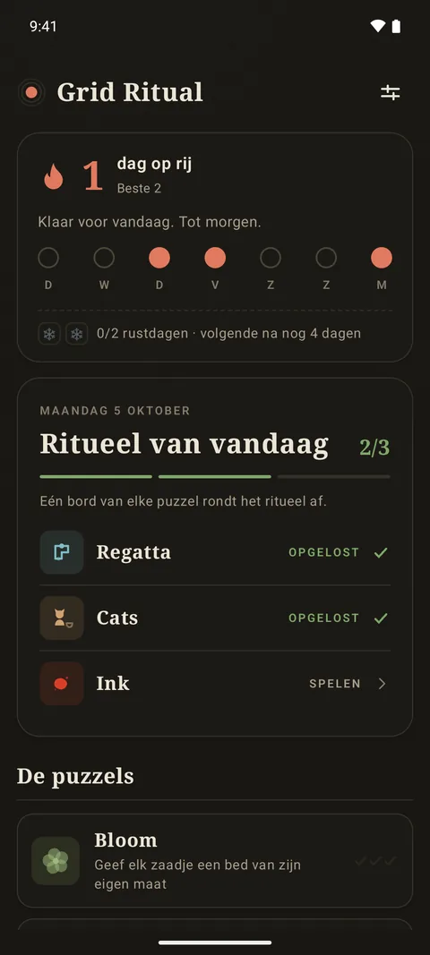 Het startscherm van Grid Ritual met het ritueel van vandaag