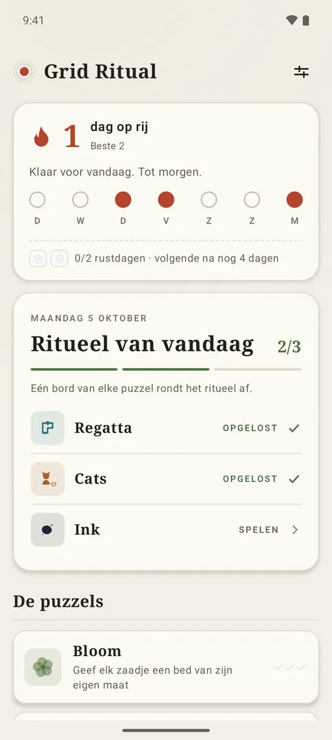Het startscherm van Grid Ritual met het ritueel van vandaag